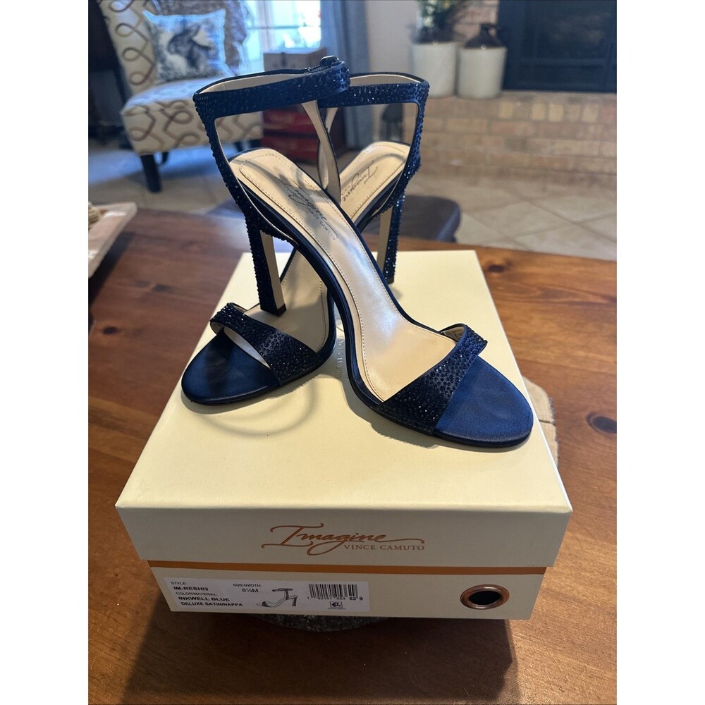 Imagine By Vince Camino Inkwell Blue Satin & Rhinestone Heeled Sandal Size 8.5